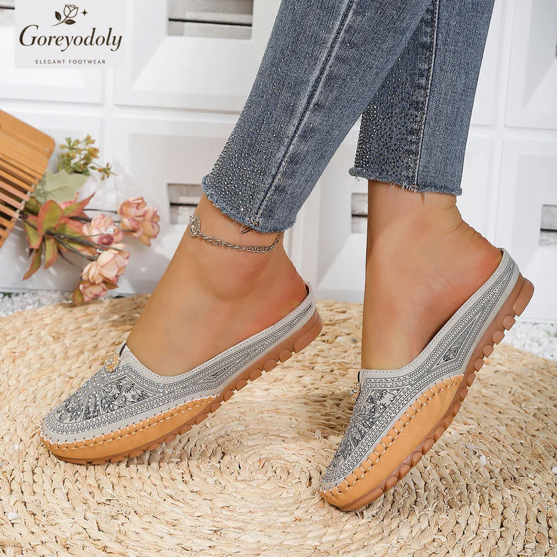 Goreyodoly women mule flats rhinestone cutout patchwork shoes elastic slip on wide fit lightweight soft sole comfort loafers
