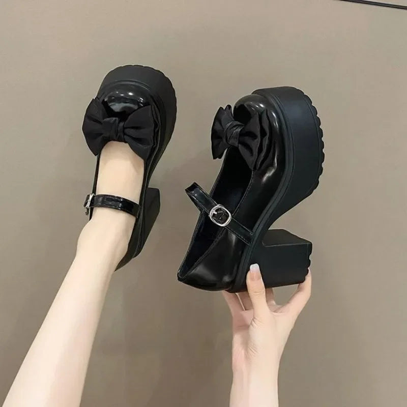 White Round Toe Platform High Heels Women Mary Jane Shoes Retro Bows Elegant Chunky Heel Women's Wedding Shoes