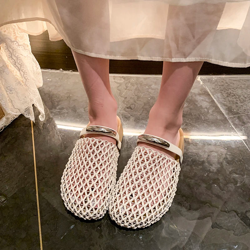 Women Hollow Out Mesh Woven Mules Slides Round Toe Metal Buckle Flat Backless Slip On Casual Summer Sandals Slippers Shoes Woman