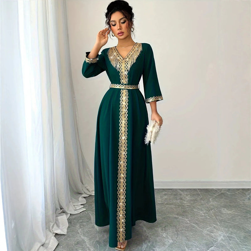 Moroccan Kaftan Abaya Women Dubai V Neck Gold Fringe | SAMAG