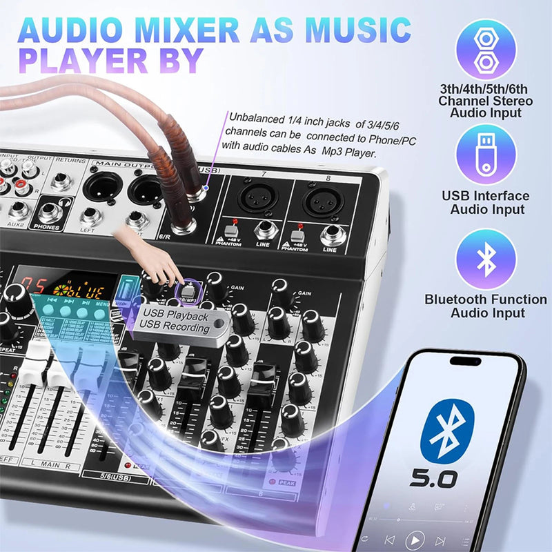 KDES KP8 Audio Mixer 8 Channel 99 DSP Effect Record PC 48V Phantom Power USB Sound Mixers Bluetooth DJ Console Mixing for Karaok