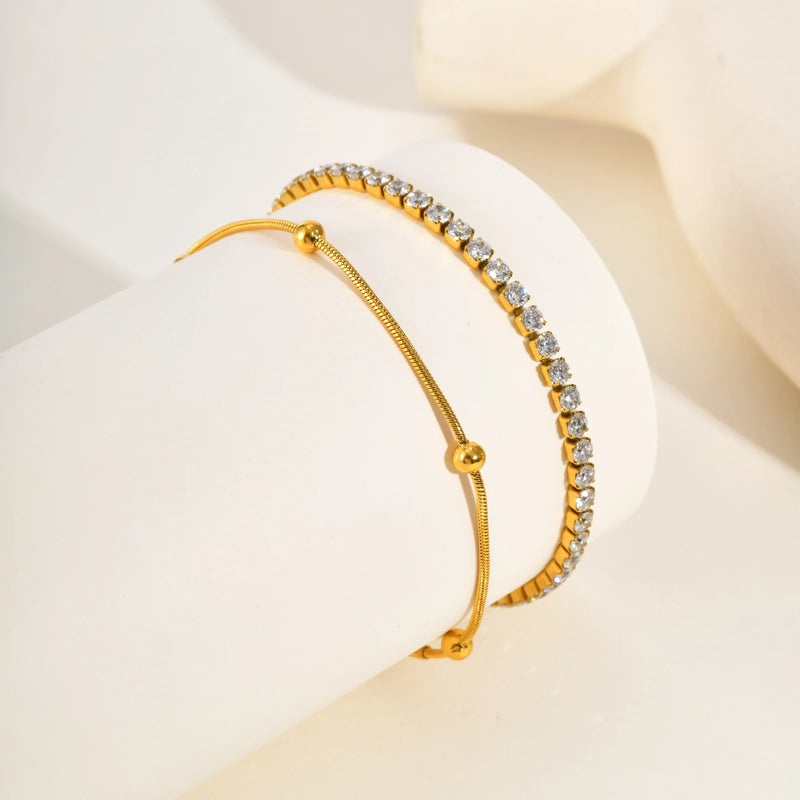 2pcs Stainless Steel Bracelets Set, Minimalist Elegant Bead Round Snake Chain Bracelet, Luxury Zircon Tennis Chain Wristband