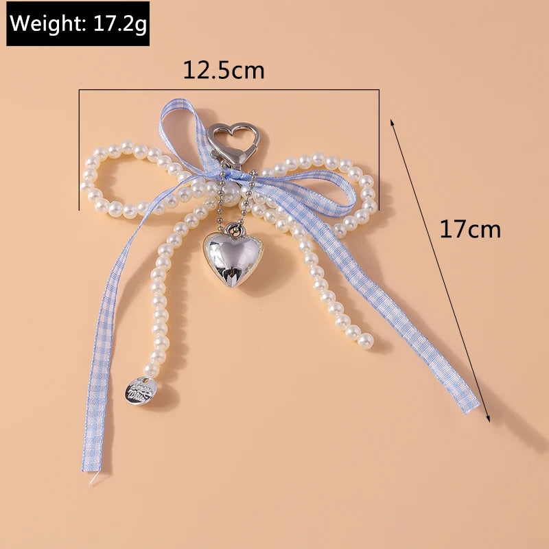 Pretty Handmade Pearl Bowknot Keychain for Women Girl Love Heart Key Ring Pendant Handbag Accessories DIY Jewelry Gift
