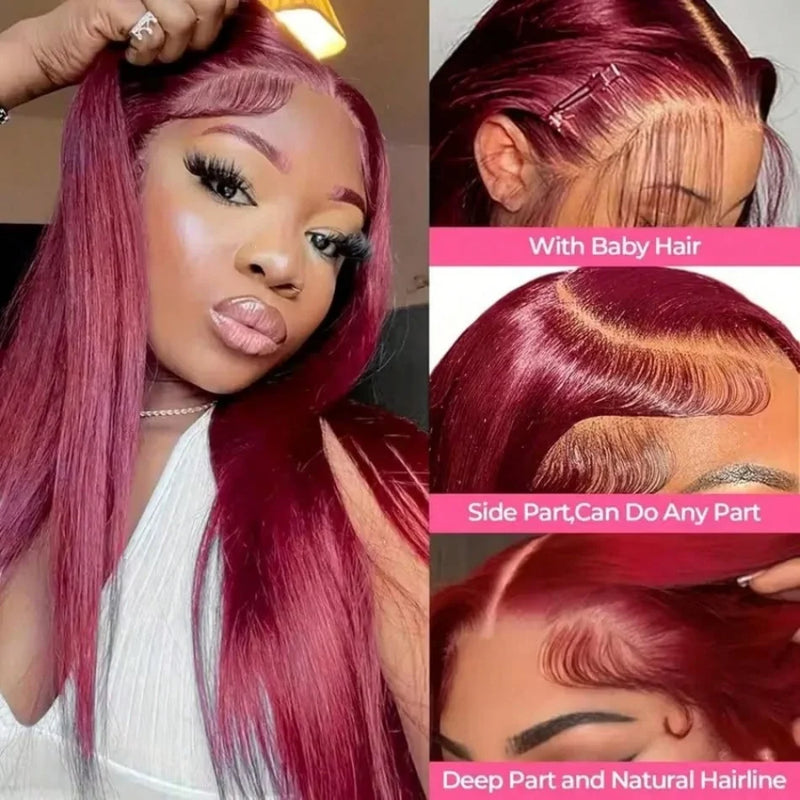 99J Burgundy Lace Front Wig Human Hair 13X6 HD Transparent Straight Lace Frontal Wigs for Women Pre Plucked 200% Density Pre Plucked Invisible Pre Cut Lace Brazilian Virgin Hair