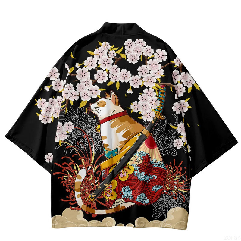 Japanese Cat Print Haori Kimono Yukata Samurai Men | SAMAG