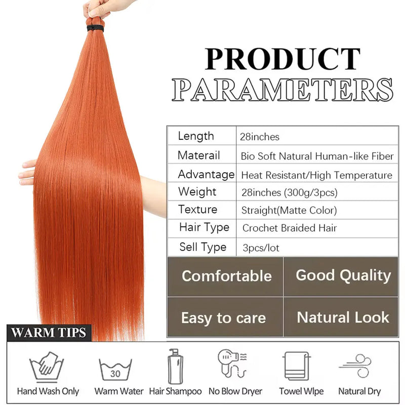 Gladys 28 Inch Crochet Braids Hair 3PCS 300g Synthetic Orange 60MW Ombre Brown T1B-330-276 Straight Braiding Hair Soft Pony Hair