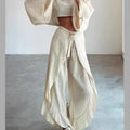 Fashion Flare Sleeve Hollow 2pcs Women Casual Solid Cotton Linen Suit Y2k Summer O Neck Crop Top+Lace-up Ruffle Pants Outfit