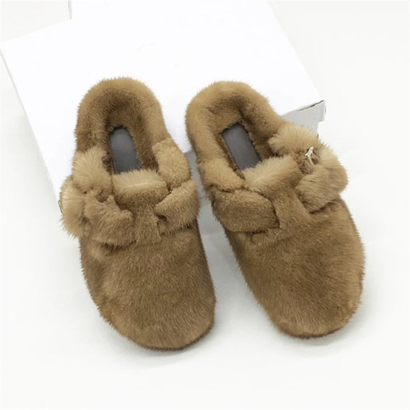 Mule Slippers Mink Fur Slides Comwarm Fashion Women Clogs Cork Insole Fur Slippers with Arch Support Outdoor Slides Home Shoes