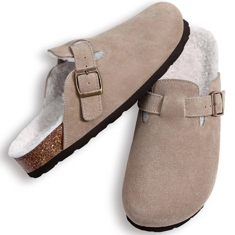 Evshine Winter Fur Clogs Slippers For Women Men Cork Footbed Plush Lined Mules Fuzzy Suede Potato Shoes Warm Furry House Clogs