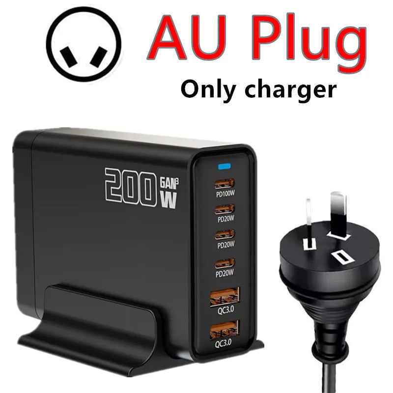 200W Desktop USB C Quick Charger GaN PD Fast Charger 6 Port Mobile Charging Adapter For Laptop iPhone 17 16 15 Samsung Xiaomi