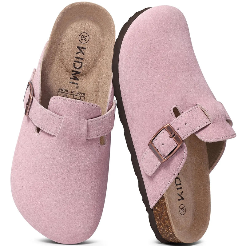 Comwarm Arch Support Unisex Clogs Slippers With Adjustable Metal Buckle Vegan Suede Mules Anti-slip Cork Footbed Potato Shoes