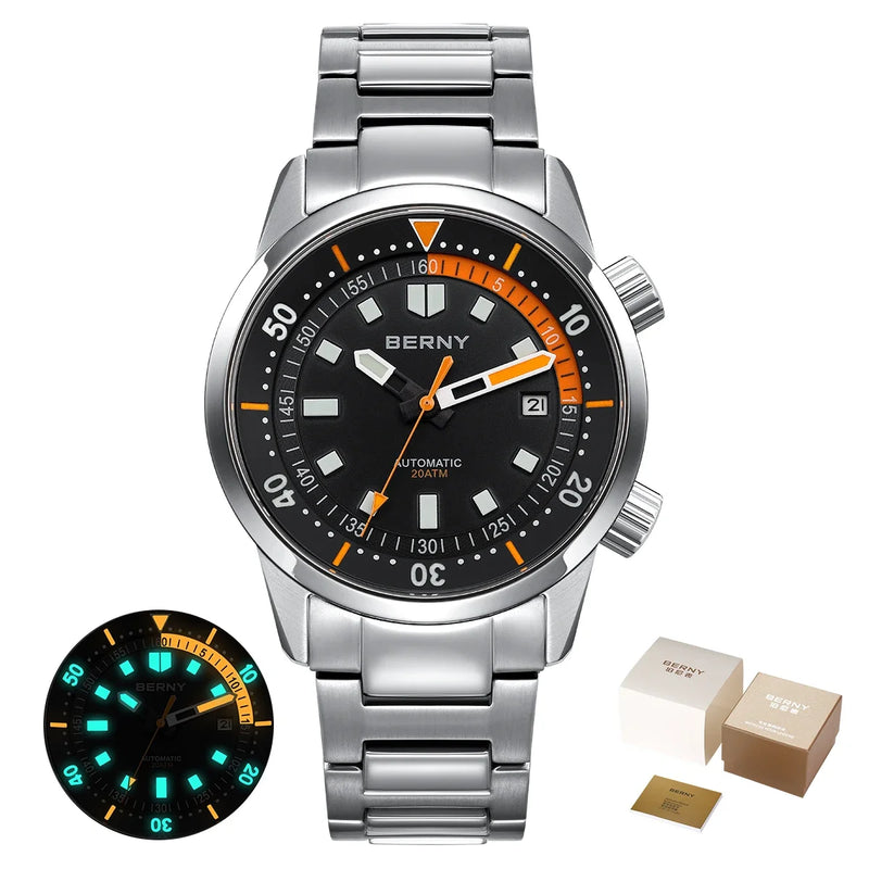 BERNY Automatic Diving Watches for Men 20ATM Super Luminous Mechanical Men's Diver Watch Sapphire Full Stainless Steel Dive