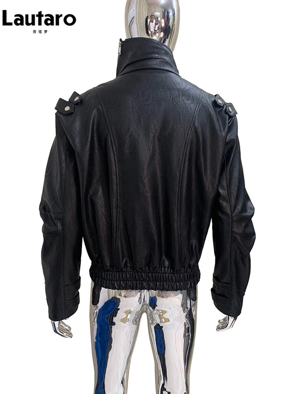 Mauroicardi Spring Autumn Cool Windproof Short Black Faux Leather Jacket Men Zipper Chic Luxury Designer Clothes Streetwear 2025