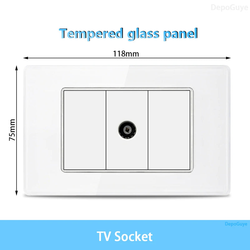 White Tempered Glass Italy USB Type C Smart Fast Charging Wall Socket Plugs Schuko Light Switch Panel Chile TV Sat Computer CAT6
