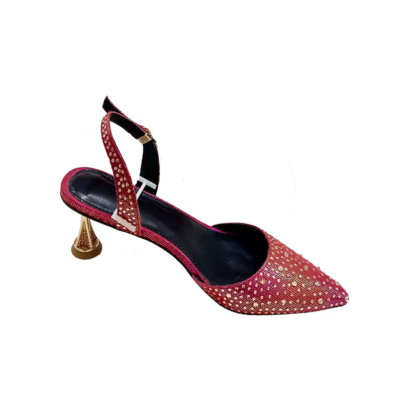 INSIGHTLINK Red Color Party Shoes and Bags Nigerian Women’s Suit Medium Heel Pointed Toe Women’s Shoes  Rhinestones sandals Red
