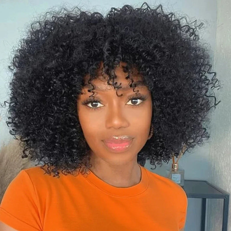 Mongolian Afro Kinky Curly Human Hair Wig For Women Raw Indian Hair Short Bob Wigs With Bangs Afro Curly Fringe Wigs Glueless