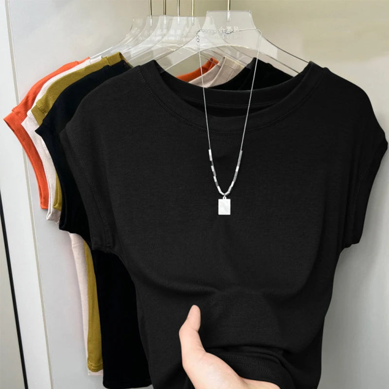 1pcs Women T Shirt Summer Sleeveless Round Neck Breathable Loose Leisure Tops Comfort Lady Basic Tee Solid Female Ice Silk Vests