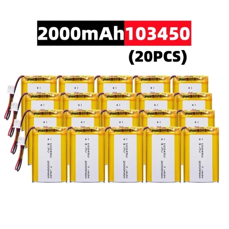 103450 3.7V 2000mAh Polymer Lithium Rechargeable Battery jst PH 2.0mm 2pin plug for Camera GPS navigator MP5 Bluetooth Headset