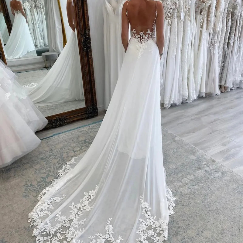 Beach A Line Chiffion Wedding Dresses Sexy V - neck - View 3 | SAMAG
