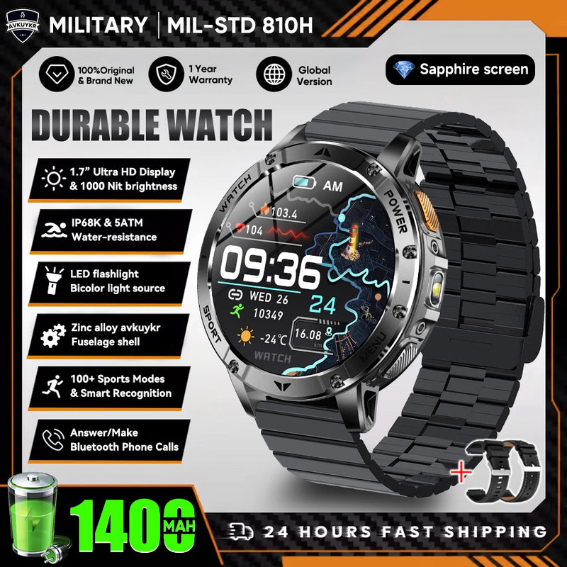 Military Grade Alloy Smartwatch 1400mAh Long Standby Waterproof SOS Emergency Flashlight BT Call Outdoor Sports Watch For Men