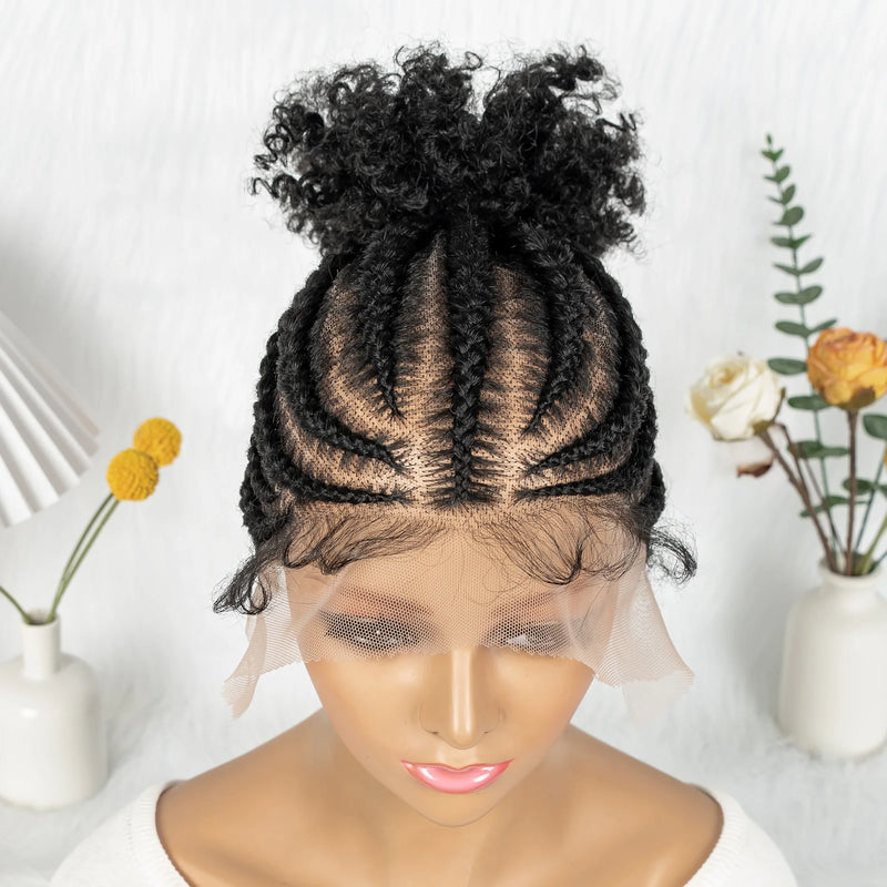 Full Lace Cornrow Braided Wigs Synthetic Braids Wig with Baby Hair Short Afro Curly Knotless Braided Lace Wig for Black Women