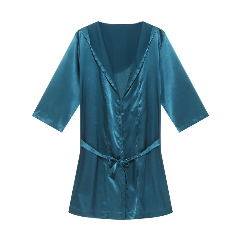 Men's Robes Bathrobe Solid Color Thin Sexy Short Sleeve Simple Loose Bathrobe Men's Plus Size Lace-up Pajamas