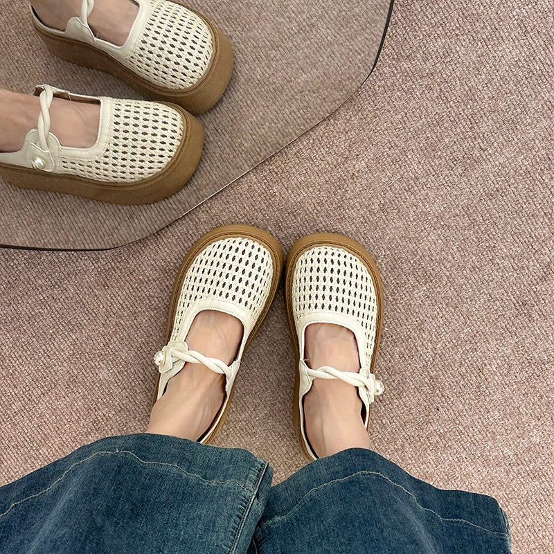 Summer Women's Hollow Out Woven Round Toe Mary Jane Buckle Strap Chunky Platform Mule Clogs Slides Sandals Casual Slippers Shoes