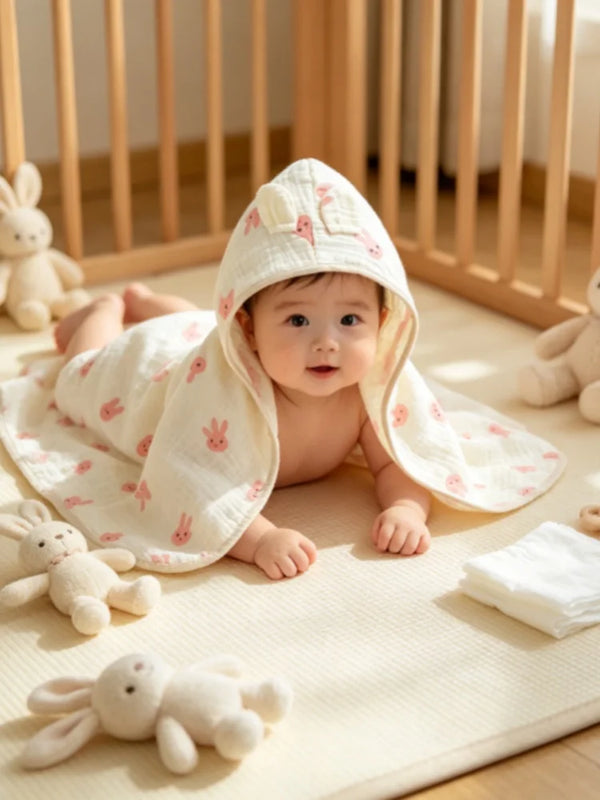 Baby gauze cape bath towel, soft and absorbent. Baby hooded cape, cartoon style bathrobe, children's bath towel.