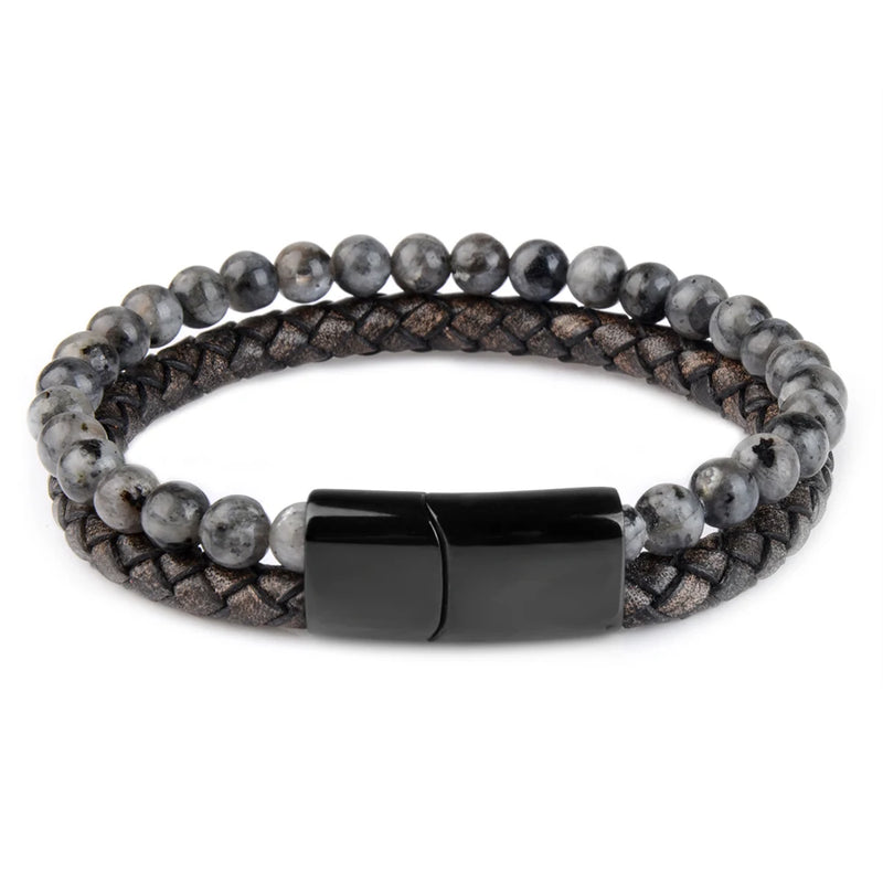 Natural Stone Bracelet Genuine Leather Braided Bracelets Black Stainless Steel Magnetic Clasp Tiger eye Bead Bangle Men Jewelry