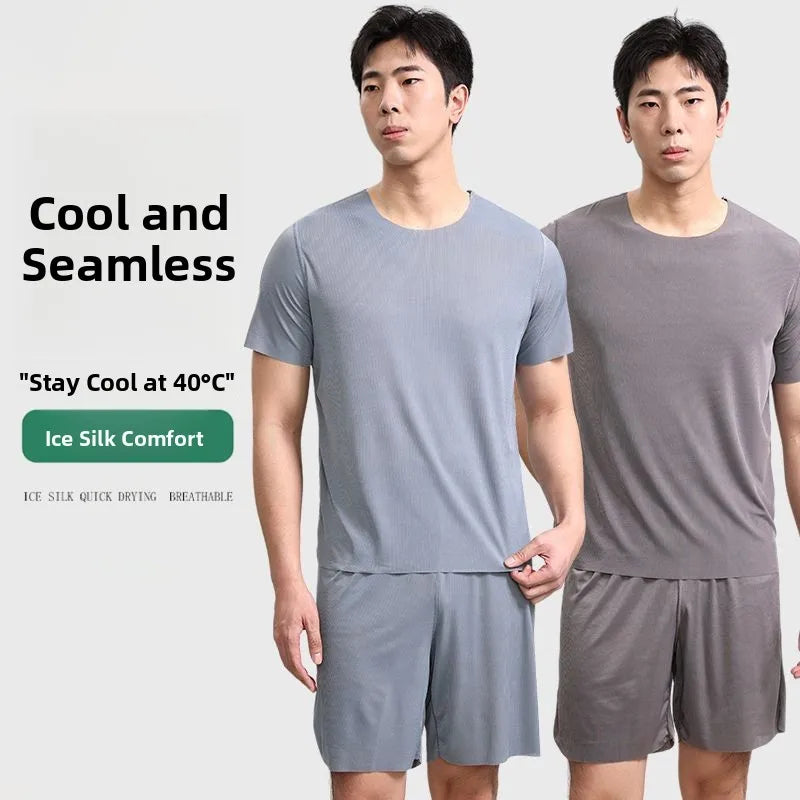 Ice Silk Sleepwear Set round Neck Short Sleeve Casual Lightweight Men's Home Clothes Comfortable Underwear for Youth in Summer