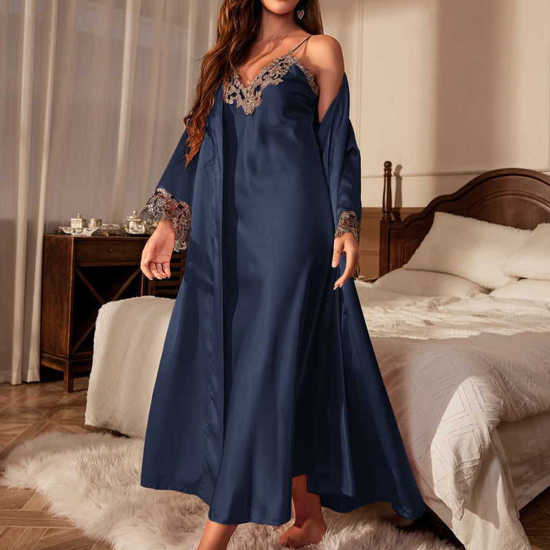 Contrast Lace Pajama Set Long Sleeve Robe With Belt V | SAMAG