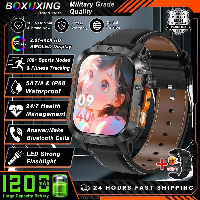 2026 New 1200 mAh Battery Military Smartwatch Men 5ATM Waterproof Fitness Tracker Health Heart Rate Smart Watch For iOS Android