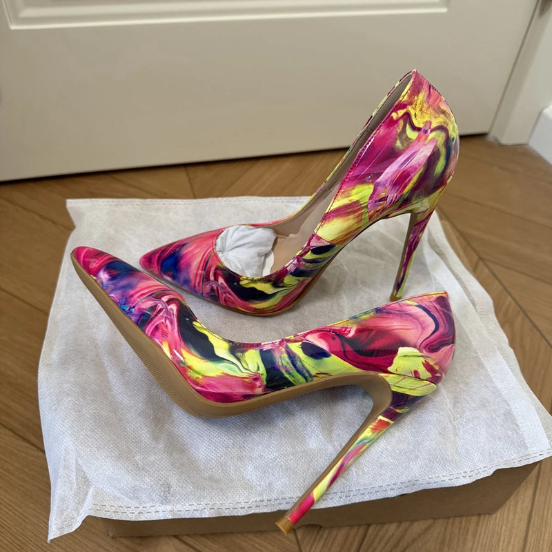 Veowalk Women's 12cm High Heels Pumps Colorful Print Pointed Toe Stiletto Shoes Sexy Party & Club Dress Shoes for Evening Events