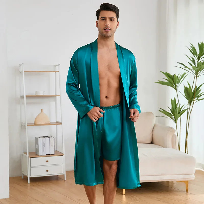 Men's Nightgown Shorts Set Solid Color 2-Piece Loungewear Bathrobe Shorts Set Thin Pajamas Kimono Bathrobe Long Robe Sleepwear