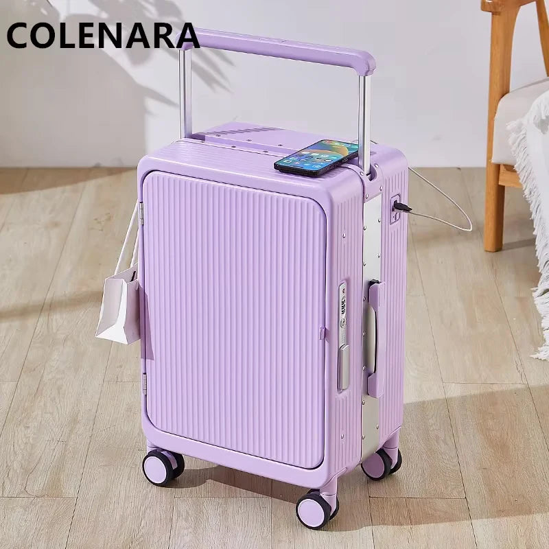 COLENARA 20 Inch Charging Luggage Aluminum Frame Boarding Case 25 Inch Front Opening Laptop Women's Trolley Travel Suitcase