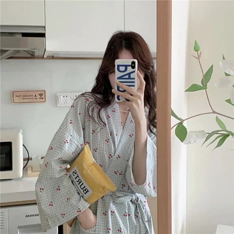 Small Fresh Sweet Plaid Cherry Robe Nightgown Female | SAMAG