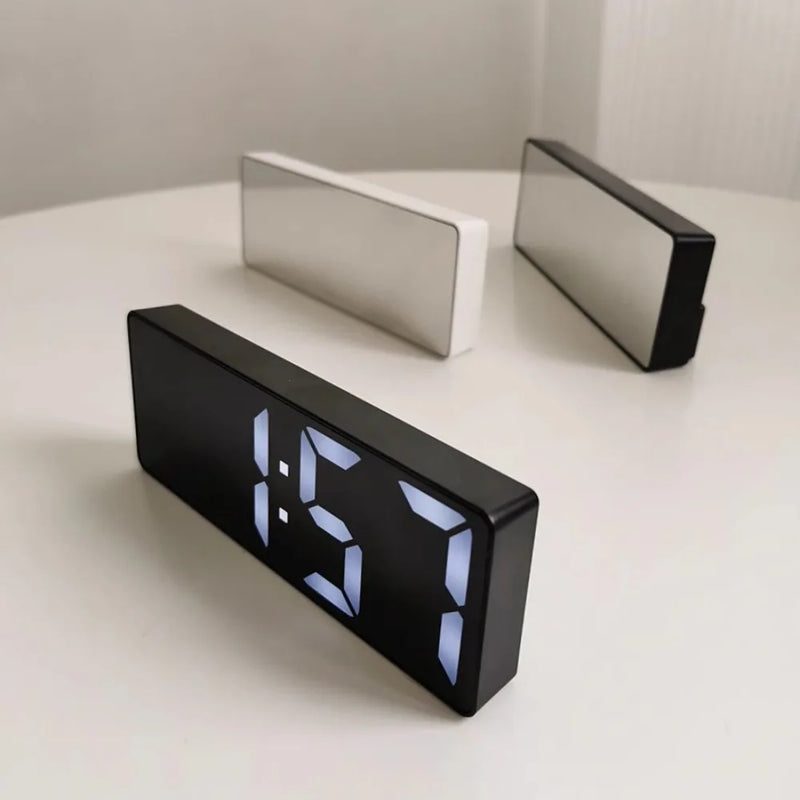 Modern Minimalist Voice-Control Alarm Clock, Black & White  Multi-Functional & Portable LED Mirror-Surface Digital Clock