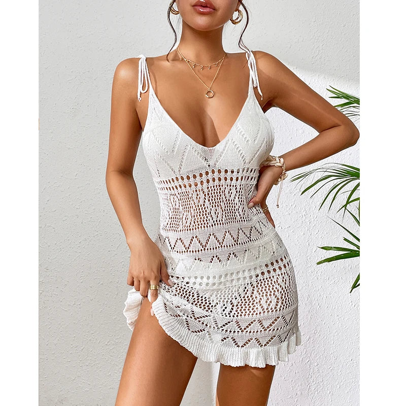 Women Sexy Knitted Halter Tight Cover Ups Summer Hollow - Visuel 9 | SAMAG