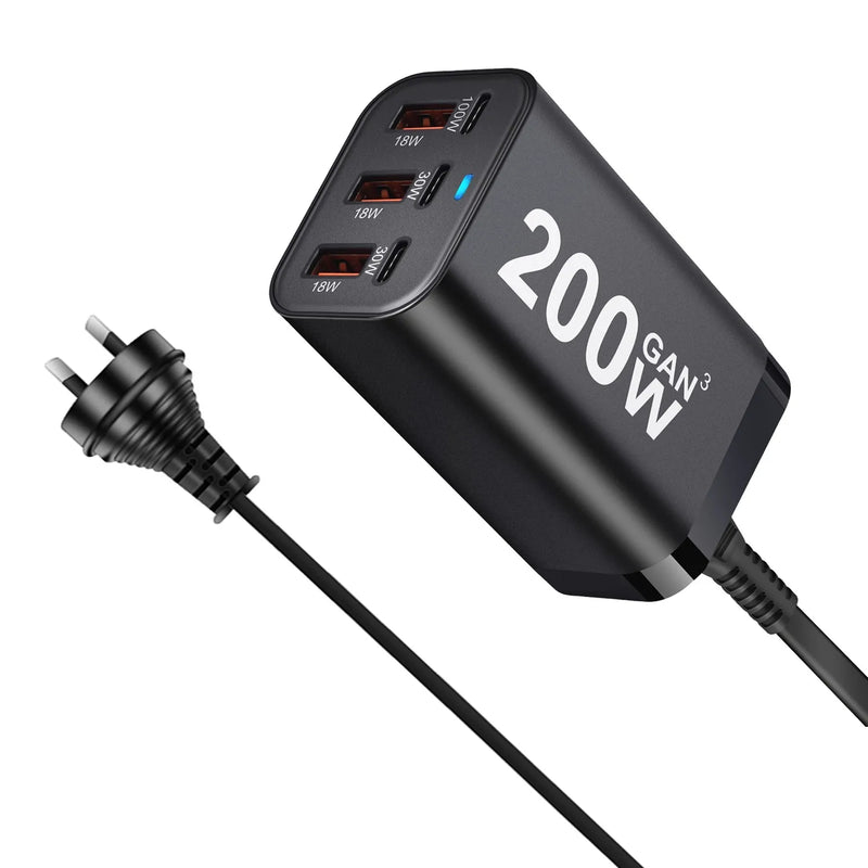 USB C Fast 200W 6-Port Charging  Fast  GaN Charger Power Adapter For iPhone 14/13/12 Series, Samsung Galaxy S23/S22/S21