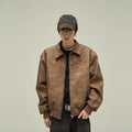 American Retro Brown Motorcycle Mens Leather Jacket Maillard Style Loose Lapel Zipper Men and Women Couple Bomber Jacket Coat