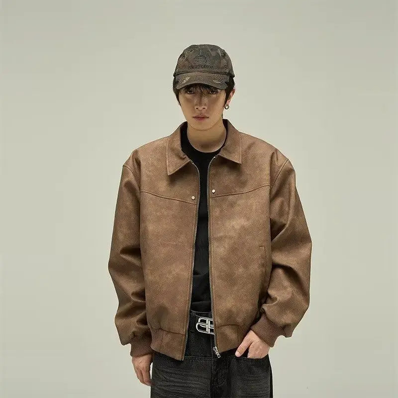 American Retro Brown Motorcycle Mens Leather Jacket Maillard Style Loose Lapel Zipper Men and Women Couple Bomber Jacket Coat