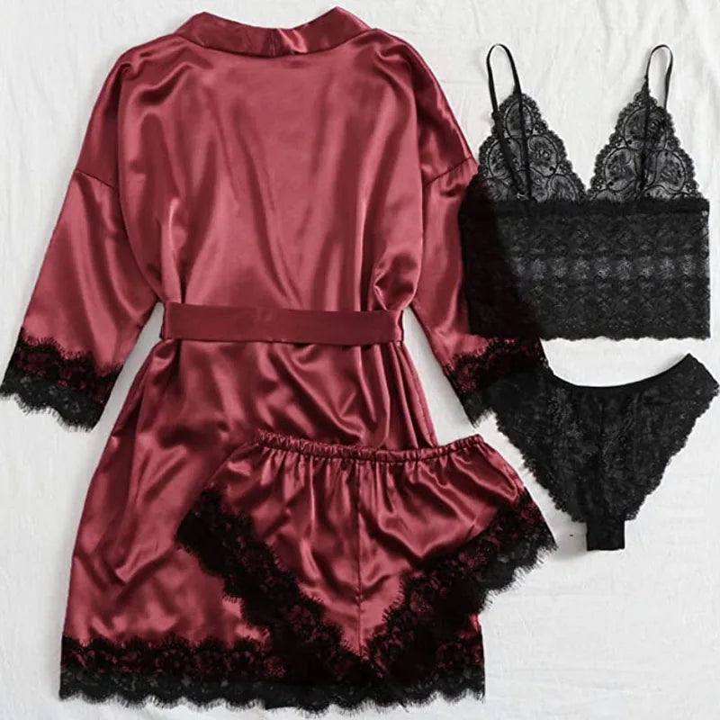 Women's Four-Piece Lace Camisole Nightwear Set with Robe | SAMAG