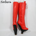 Sorbern Red Matte Hard Shaft Boots For Women Small Heels Knee Hjigh Lace Up Fetish Cosplay Boots Custom Colors