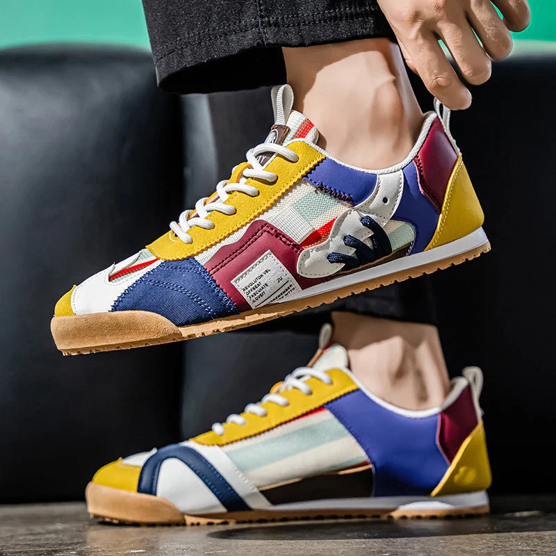 Men's Fashionable Versatile Retro Sneakers with Color-Blocking, Breathable Mesh Upper, Soft Sole, Casual Jogging Shoes, Lightweight Trendy Striped Patchwork Sports Sneakers, Suitable for Everyday Street Wear