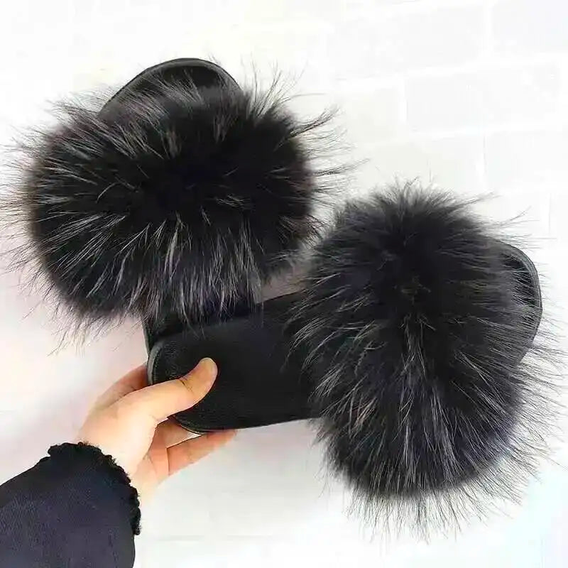 Women Real Raccoon Fur Slides Fluffy Luxury Furry Open Toe Slippers Indoor Outdoor Summer Sandals Non Slip Soft Comfy Sole Cozy