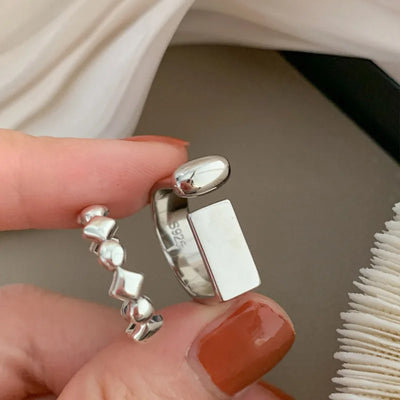 VENTFILLE 925 Sterling Silver Ring for Women Girl Gift Retro Open Trend Unique Design Geometric Asymmetric Jewelry | SAMAG