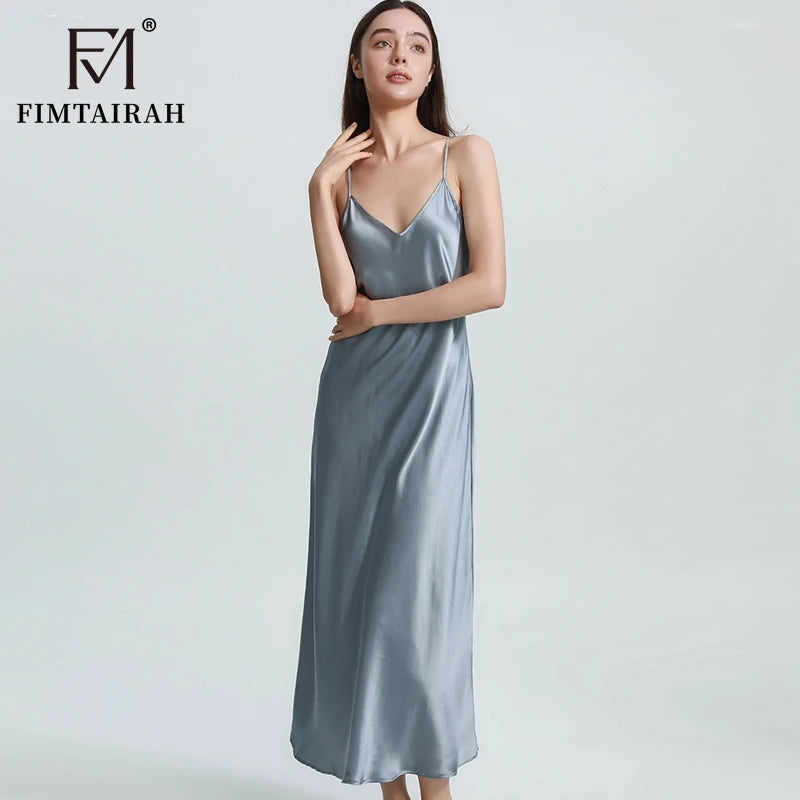 FIMTAIRAH Brand 6A 19mm New 100% Silk Nightgown Women Sexy Elegant Summer Silk NightDRESS long home wear Pajamas