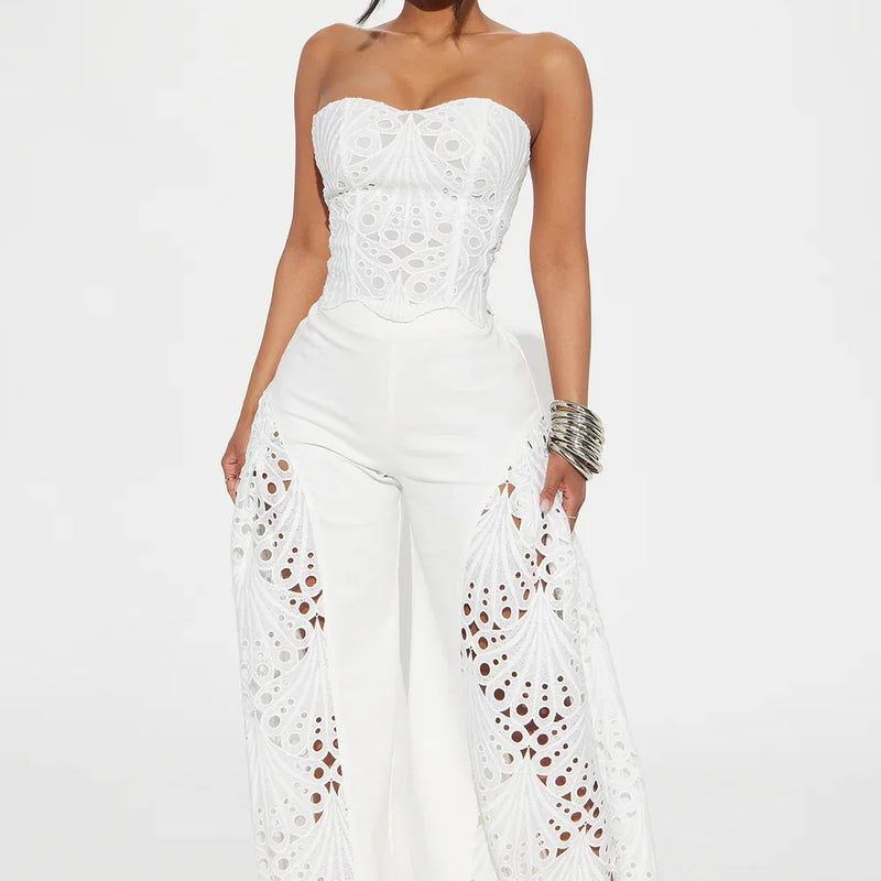 Female Fashion sexy Strapless Design Hollowed Top Pants 2 Piece Set Women Tank Chic Solid Sleeveless Vest Straight Pant Suit