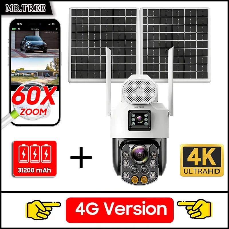 4G SIM Solar Camera AOV 24 Hours Record Built-in 31200 MAh Battery Outdoor Surveillance 60X Zoom Cam Auto Track 25W Solar Panel
