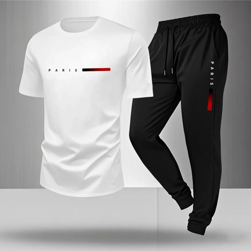 Spring/Summer Paris Letter Printed Round Neck Casual Comfortable Breathable T-shirt with Drawstring Outdoor Sports Pants Set